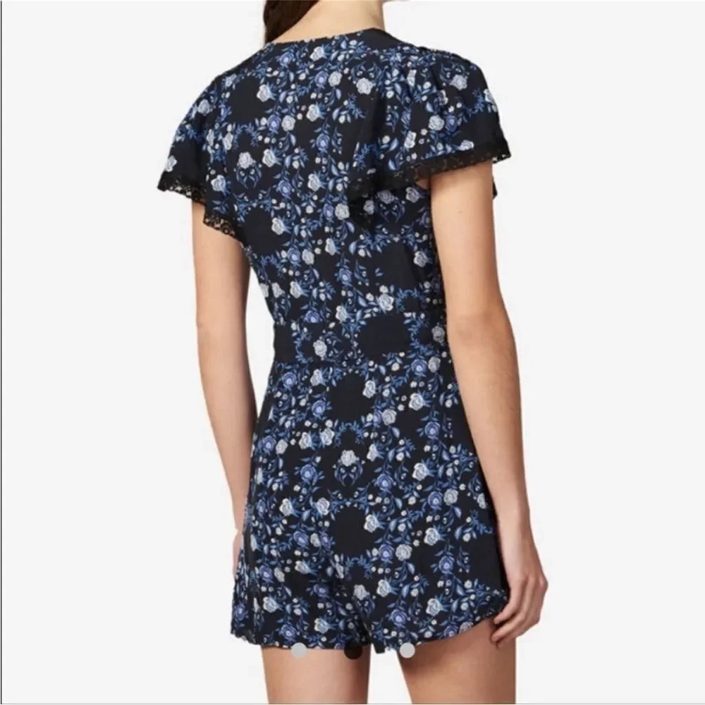 SANDRO  Paris  Womens Sz34 XS Black Blue Floral Silk Heart Romper Jumpsuit NWT - Picture 3 of 16